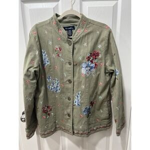 Denim & Co Embroidered Floral Denim Jacket Large Boho Art Cottagecore